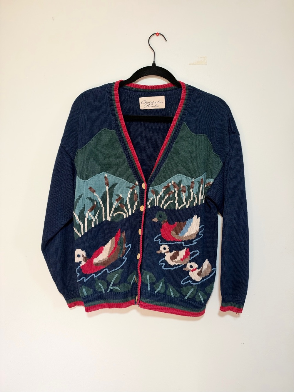 Christopher & Banks Navy Duck Pond Intarsia Cardigan with Red Trim